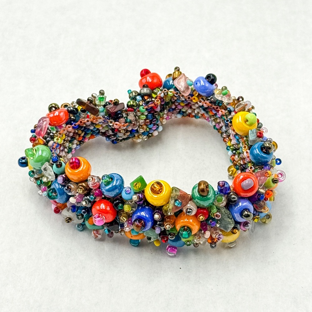 Cluster Bead Bracelet Multicolor Glass Wide‎ Cuff Handmade Boho